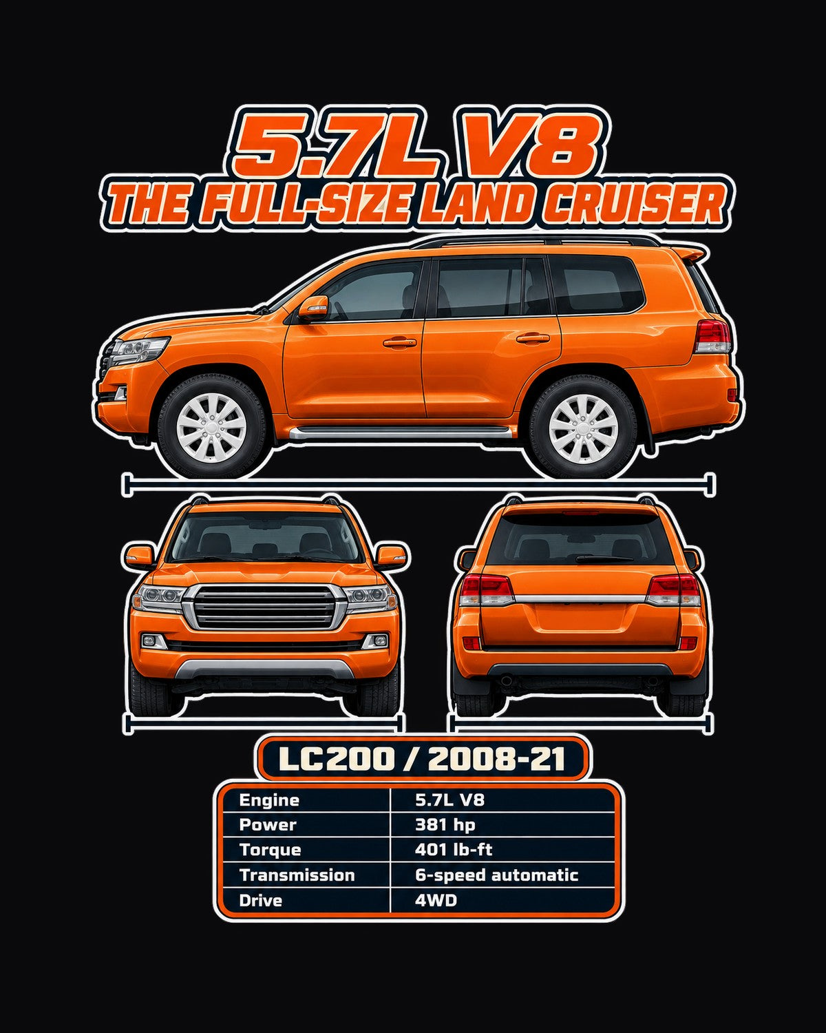 Toyota Land Cruiser 200 Spec Sheet Full-Back Graphic Tee design only
