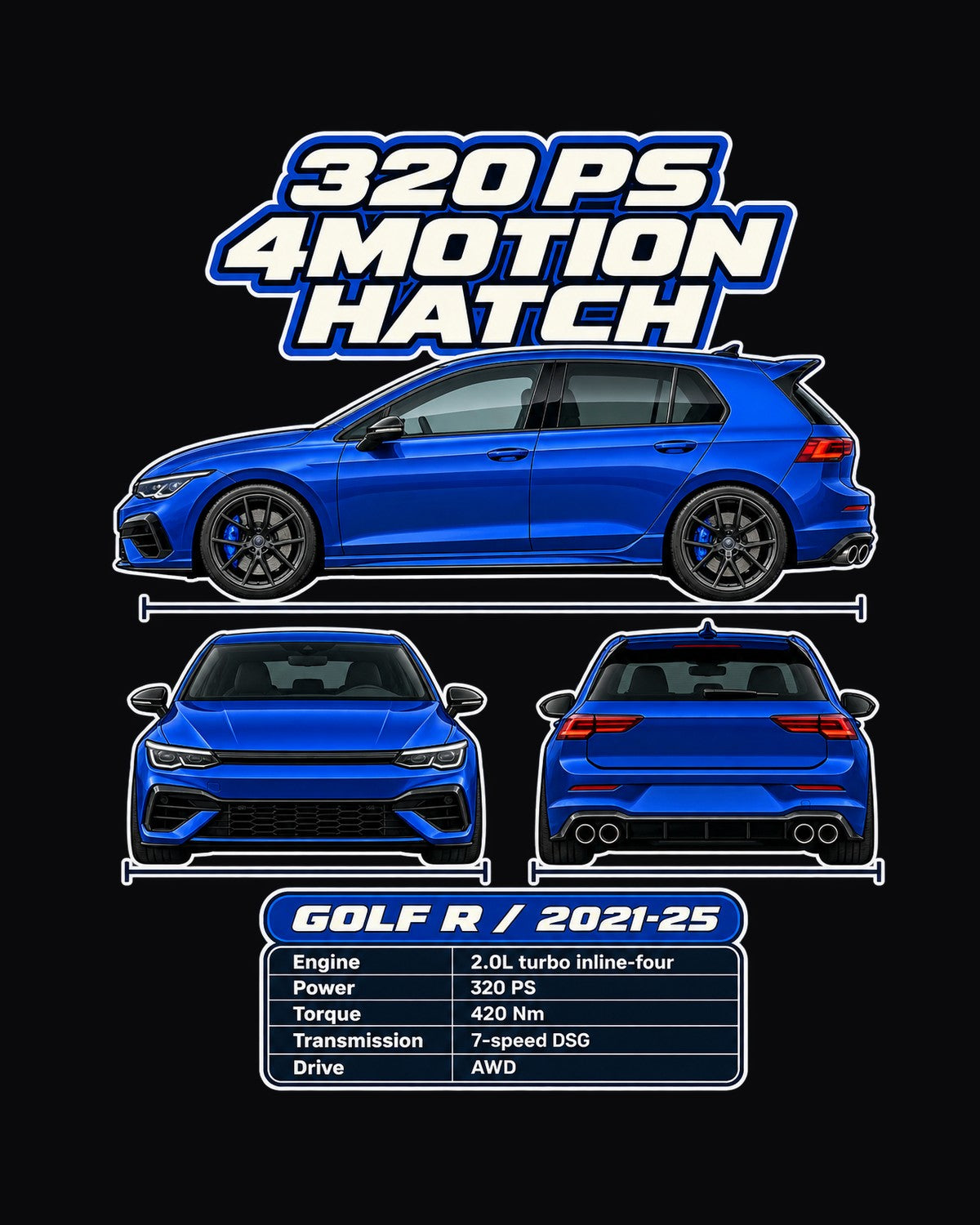 Volkswagen Golf R Mk8 Spec Sheet Full-Back Graphic Tee design only