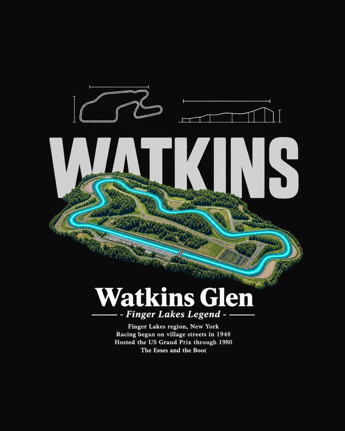 Watkins Glen Track Layout Blueprint Full-Back Graphic Tee design only
