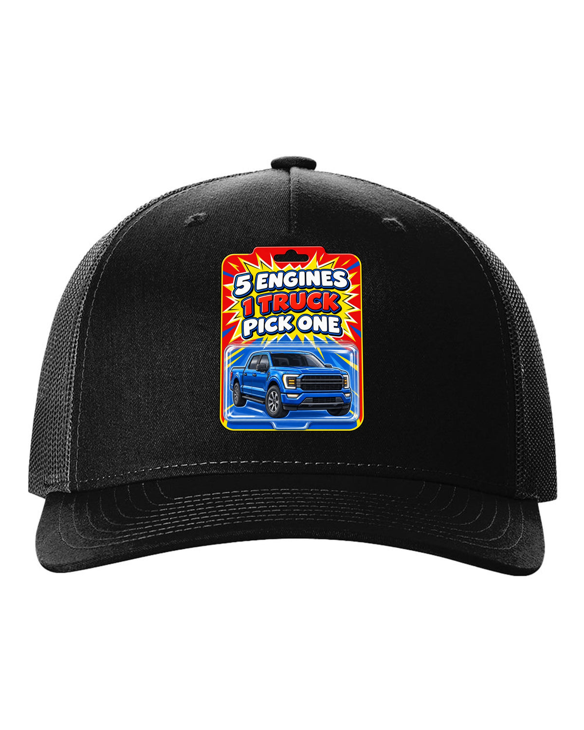 Toy card style print of a 2021 Ford F-150 P702 with five engines one truck text black hat front view with the design