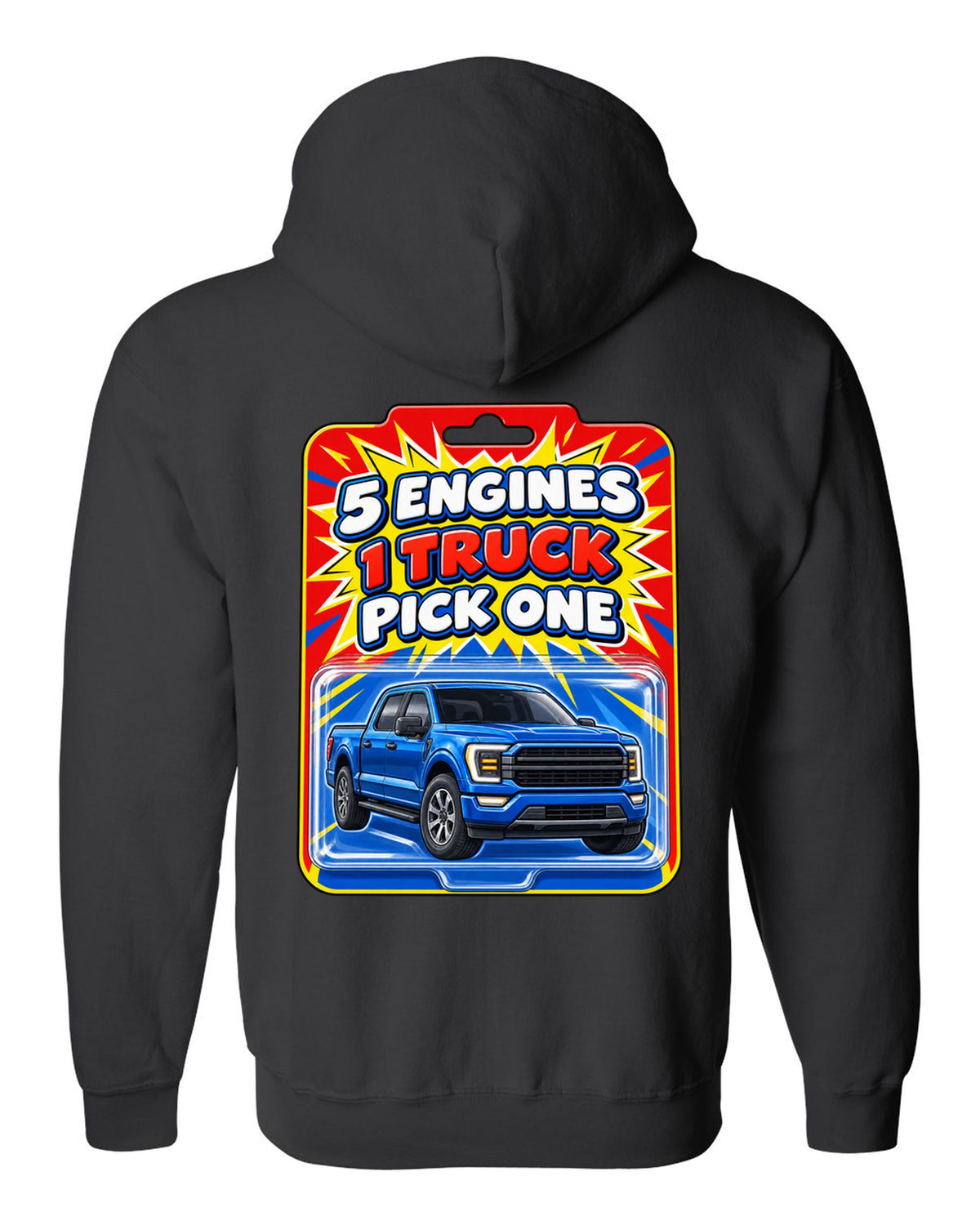 Toy card style print of a 2021 Ford F-150 P702 with five engines one truck text black zip hoodie back view with the design