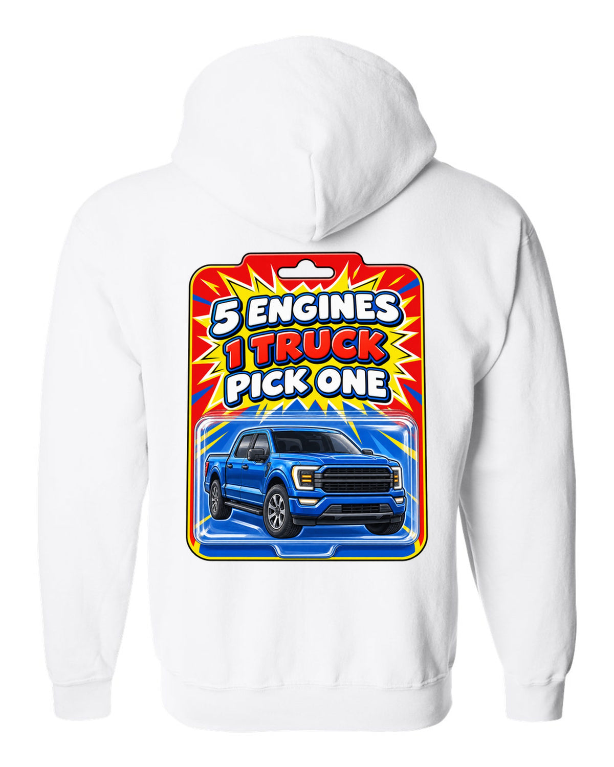 Toy card style print of a 2021 Ford F-150 P702 with five engines one truck text white zip hoodie back view with the design