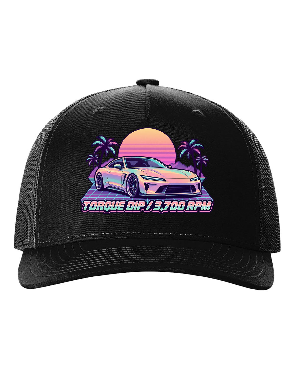 Pastel vaporwave illustration of a Toyota 86 ZN6 with Torque Dip 3,700 RPM lettering black hat front view with the design