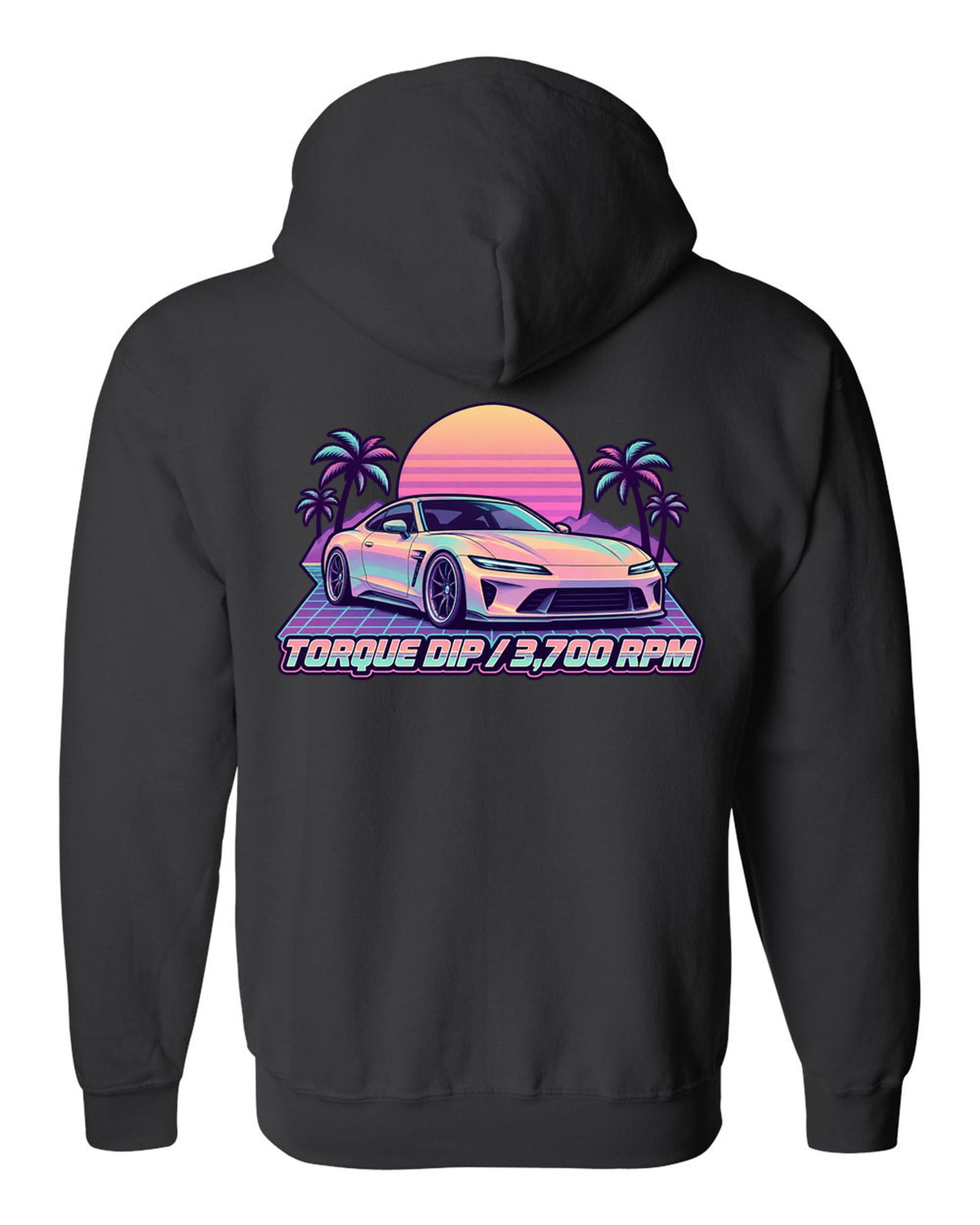 Pastel vaporwave illustration of a Toyota 86 ZN6 with Torque Dip 3,700 RPM lettering black zip hoodie back view with the design