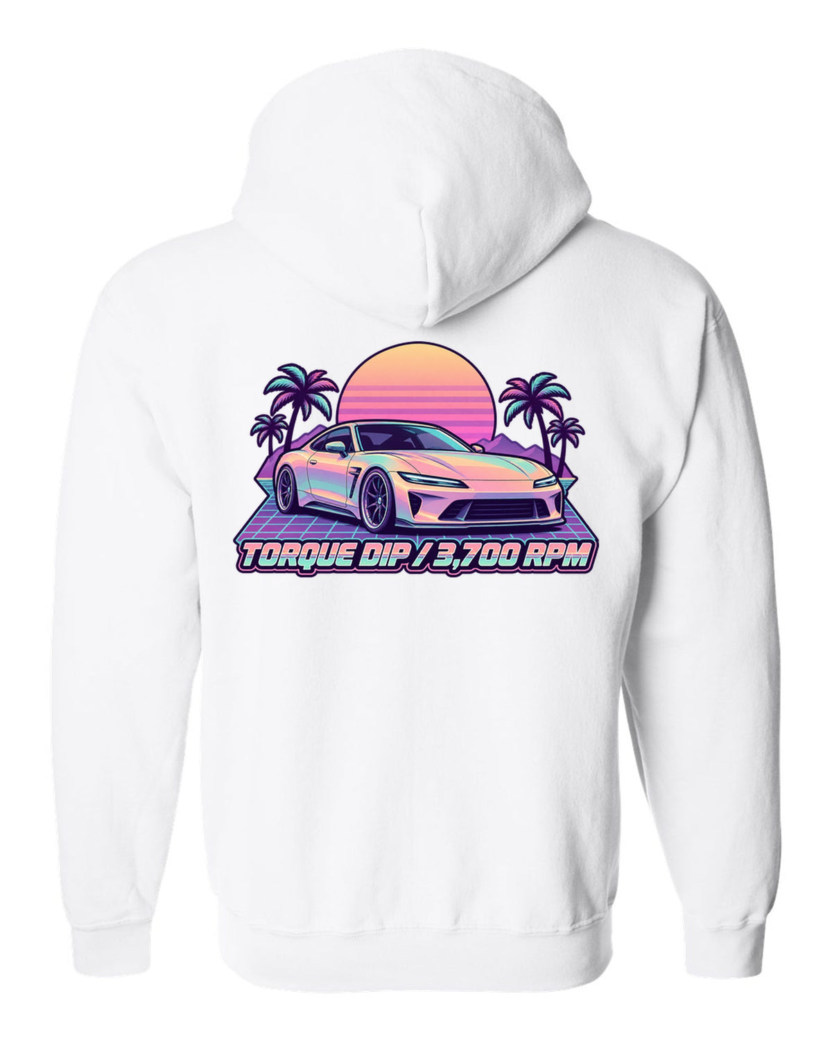 Pastel vaporwave illustration of a Toyota 86 ZN6 with Torque Dip 3,700 RPM lettering white zip hoodie back view with the design