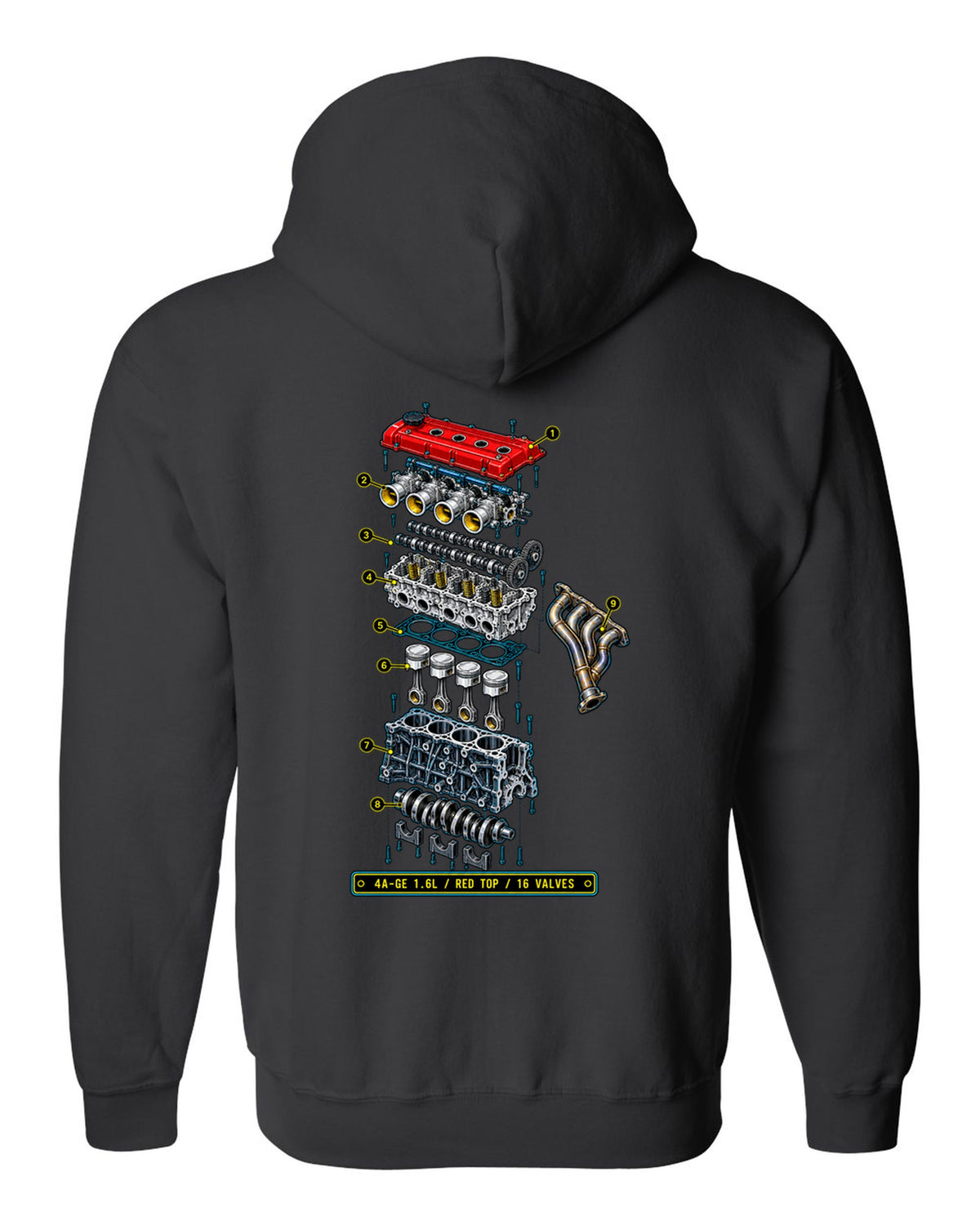 Blueprint exploded diagram of the Toyota AE86 Corolla Levin 4A-GE 1.6L engine black zip hoodie back view with the design