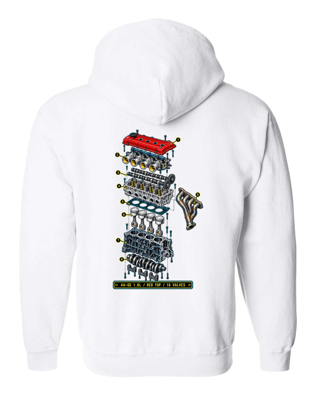 Blueprint exploded diagram of the Toyota AE86 Corolla Levin 4A-GE 1.6L engine white zip hoodie back view with the design