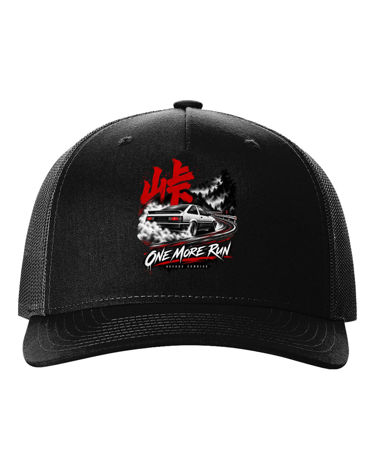 print of a Toyota AE86 Corolla Levin on a night touge road with kanji black hat front view with the design