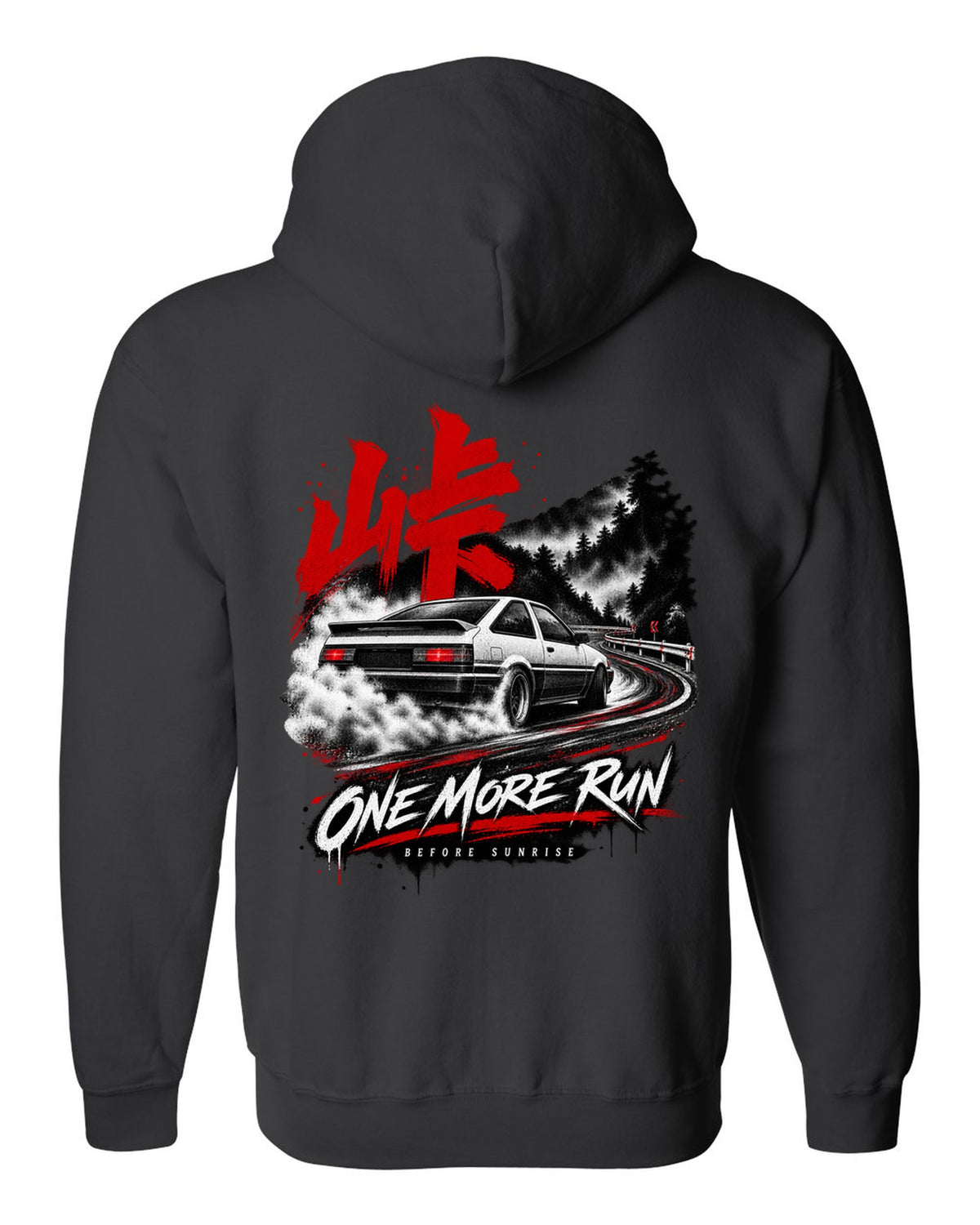print of a Toyota AE86 Corolla Levin on a night touge road with kanji black zip hoodie back view with the design