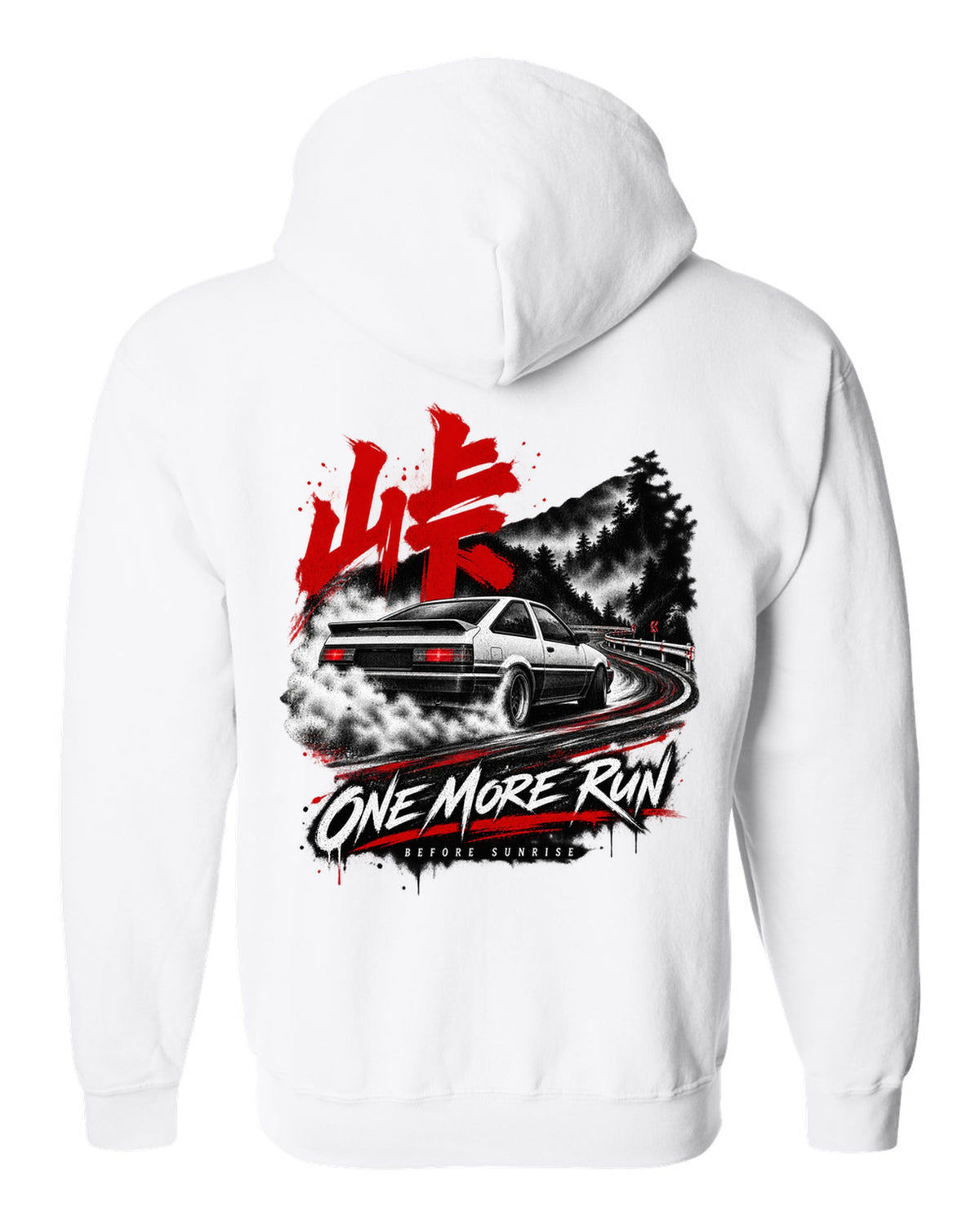 print of a Toyota AE86 Corolla Levin on a night touge road with kanji white zip hoodie back view with the design