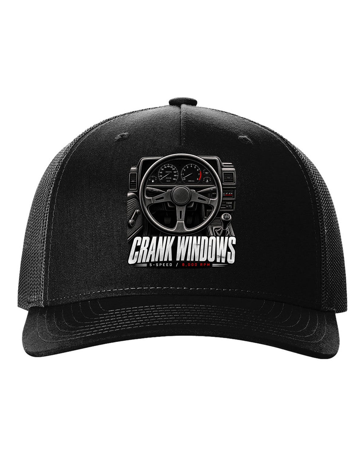 print of a Toyota AE86 interior cockpit with gauges and crank window lettering black hat front view with the design