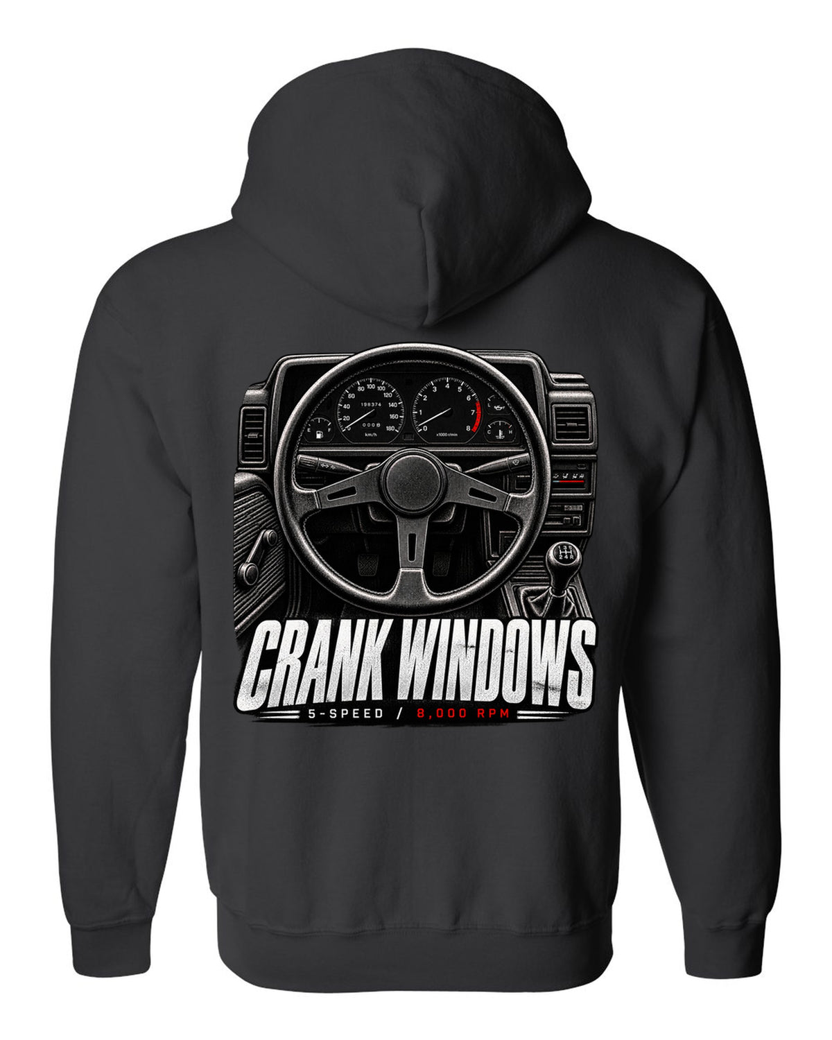 print of a Toyota AE86 interior cockpit with gauges and crank window lettering black zip hoodie back view with the design