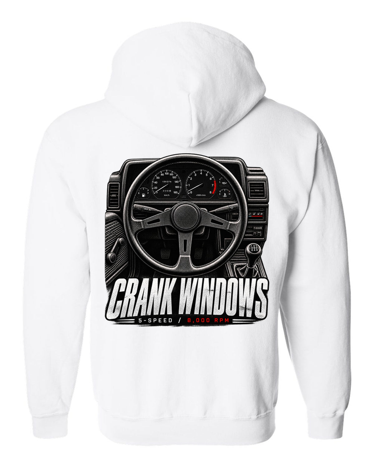 print of a Toyota AE86 interior cockpit with gauges and crank window lettering white zip hoodie back view with the design