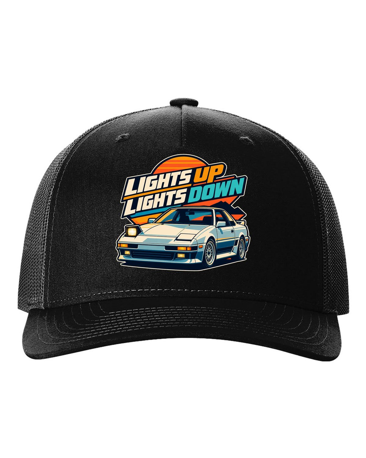 Pixel art of a Toyota AE86 Sprinter Trueno with pop-up headlights raised black hat front view with the design