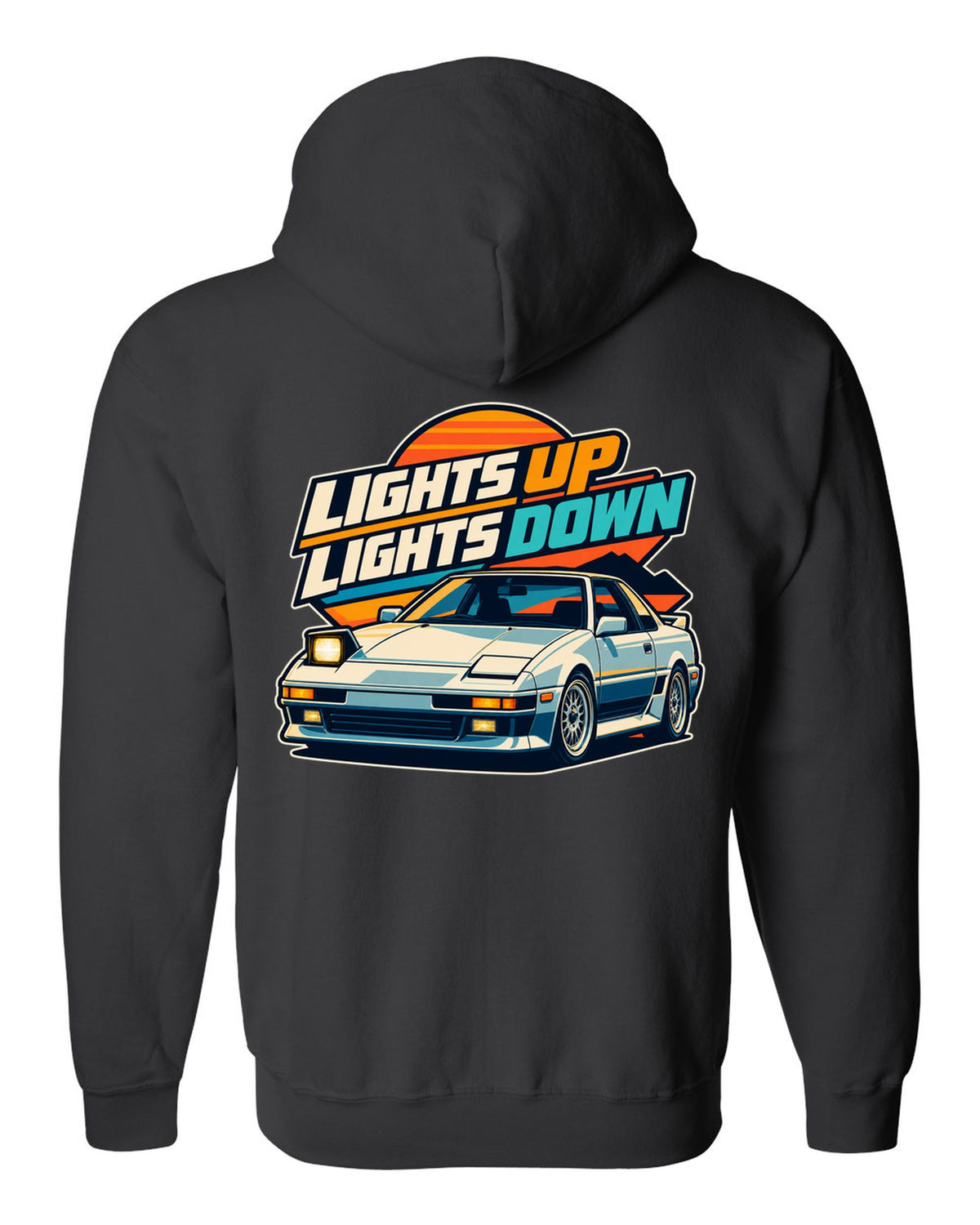 Pixel art of a Toyota AE86 Sprinter Trueno with pop-up headlights raised black zip hoodie back view with the design