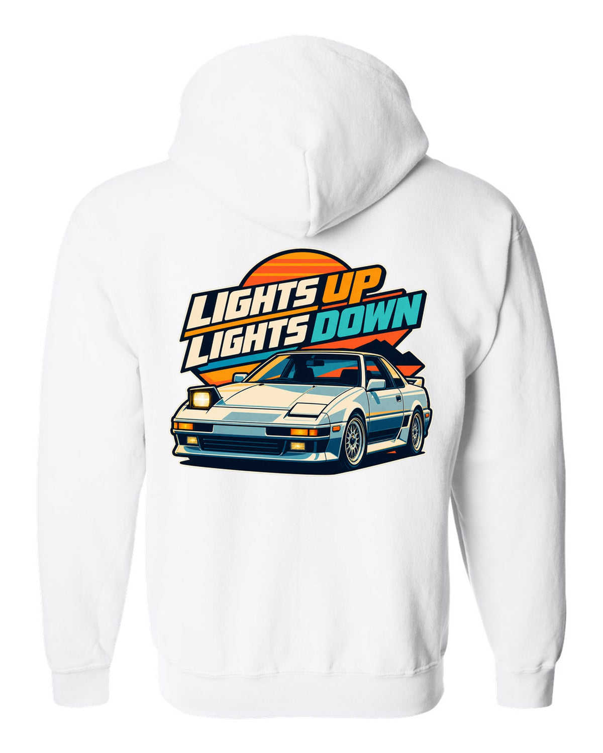 Pixel art of a Toyota AE86 Sprinter Trueno with pop-up headlights raised white zip hoodie back view with the design