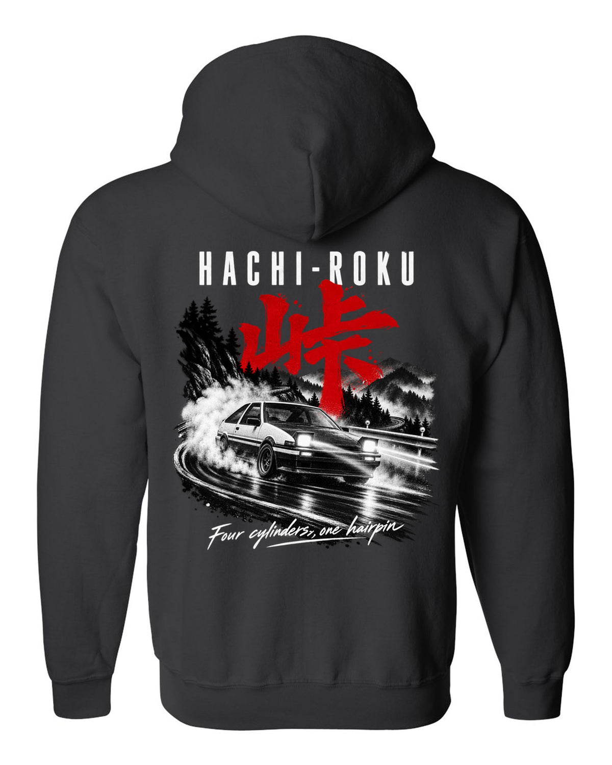print of a Toyota AE86 Sprinter Trueno on a night touge with Hachi-Roku lettering and a hairpin bend black zip hoodie back view with the design
