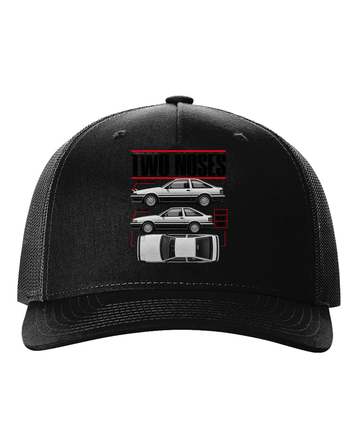 print spec poster of a Toyota AE86 Trueno and Levin in profile with pop-up and fixed headlights black hat front view with the design