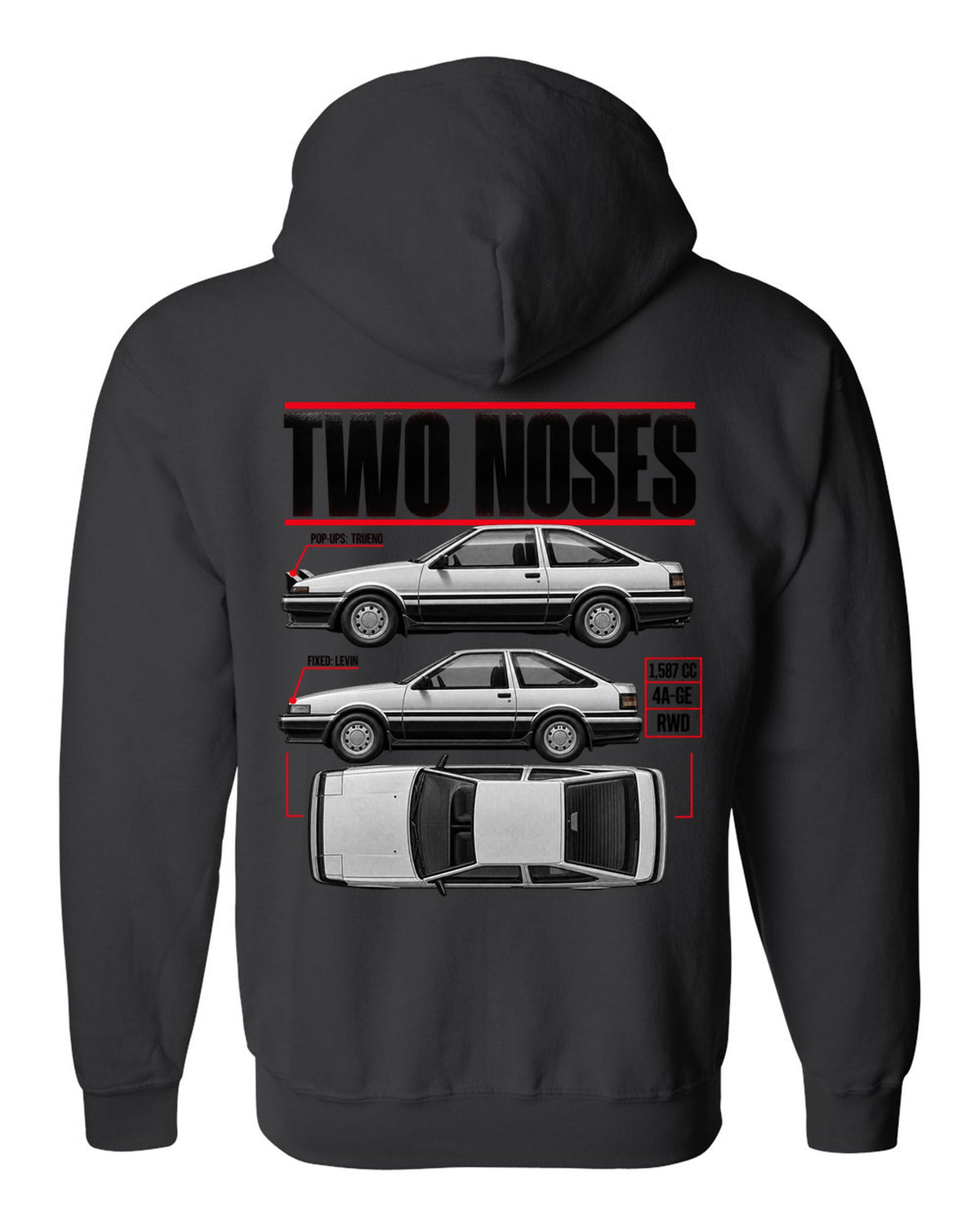 print spec poster of a Toyota AE86 Trueno and Levin in profile with pop-up and fixed headlights black zip hoodie back view with the design