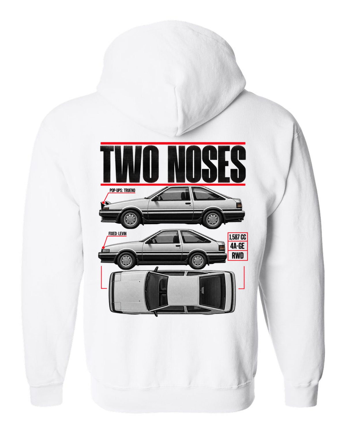 print spec poster of a Toyota AE86 Trueno and Levin in profile with pop-up and fixed headlights white zip hoodie back view with the design