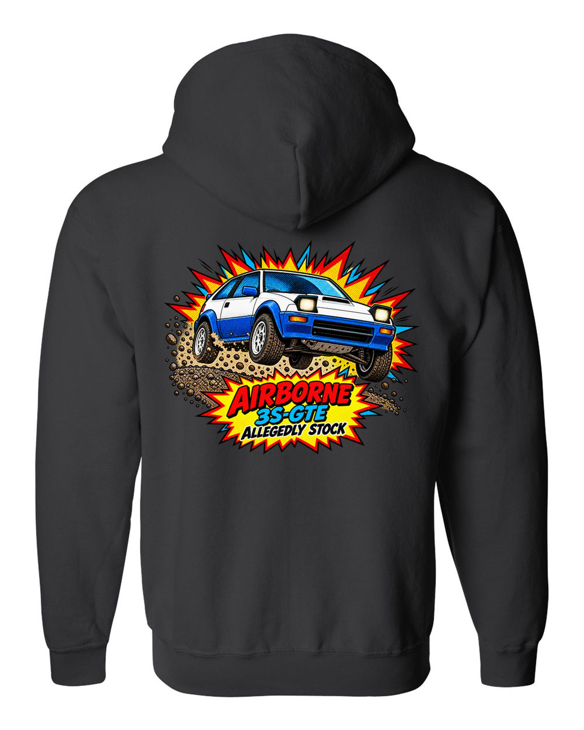 Comic halftone pop art of a Toyota Celica GT-Four ST165 jumping on gravel black zip hoodie back view with the design