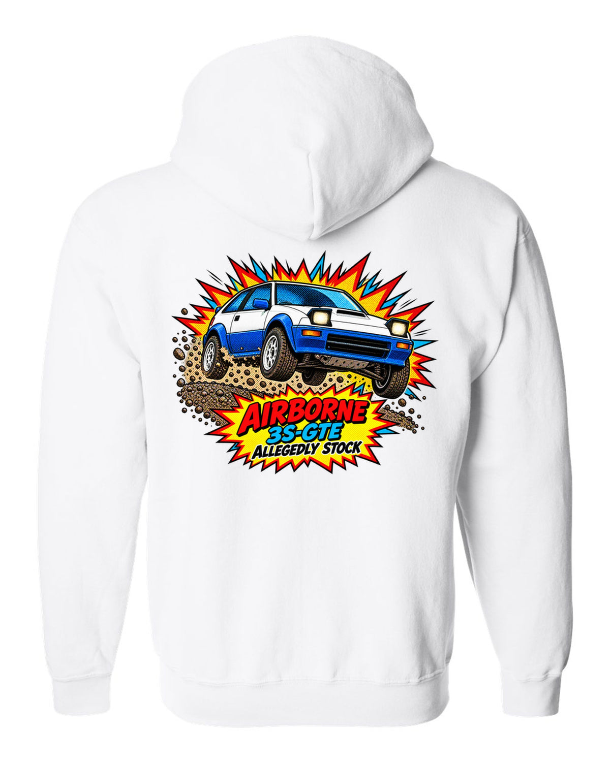 Comic halftone pop art of a Toyota Celica GT-Four ST165 jumping on gravel white zip hoodie back view with the design