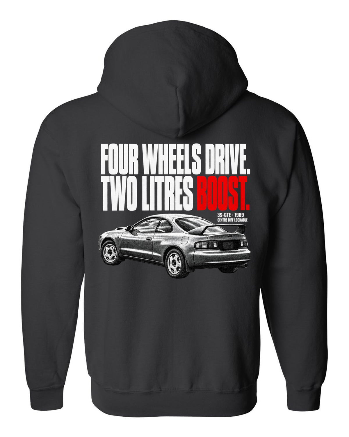 Halftone print of a Toyota Celica GT-Four ST185 with 3S-GTE and centre diff text black zip hoodie back view with the design