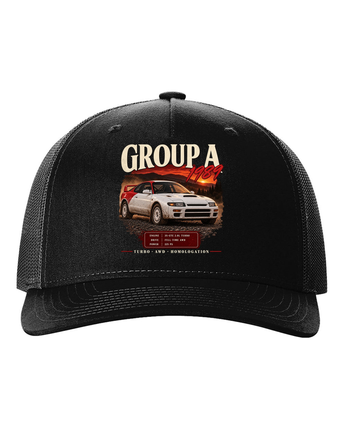 Archive panel print of a Toyota Celica GT-Four ST185 with Group A 1989 specs black hat front view with the design