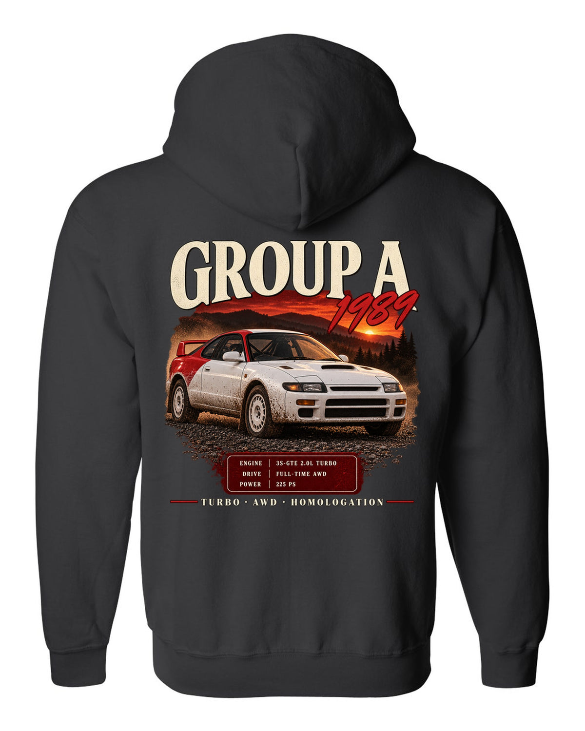 Archive panel print of a Toyota Celica GT-Four ST185 with Group A 1989 specs black zip hoodie back view with the design