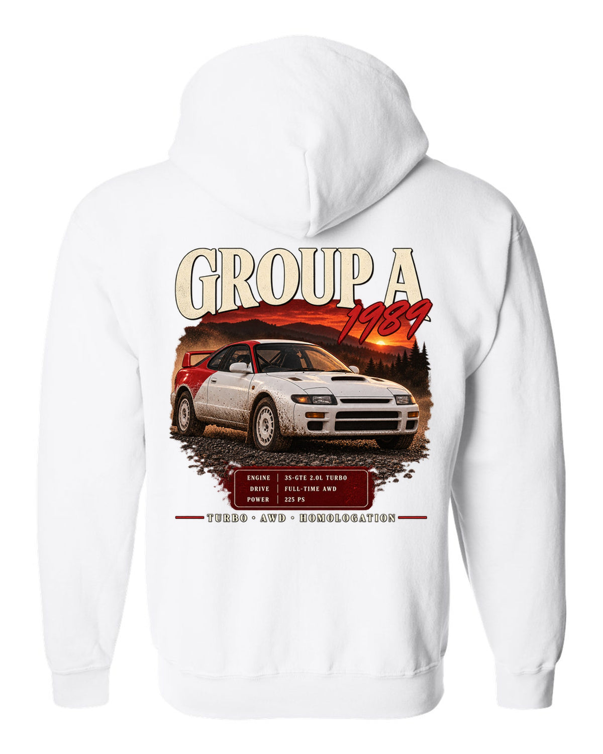 Archive panel print of a Toyota Celica GT-Four ST185 with Group A 1989 specs white zip hoodie back view with the design