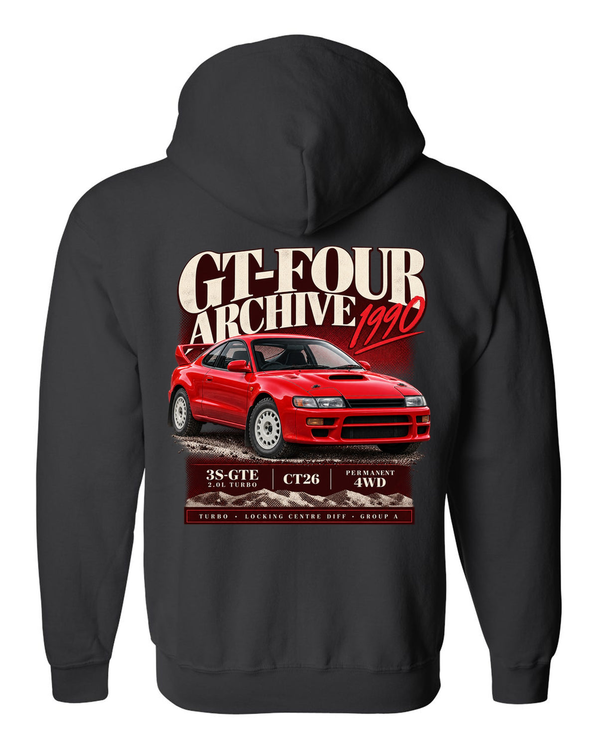 Archive panel print of a Toyota Celica GT-Four ST185 with 3S-GTE, CT26 and Group A text black zip hoodie back view with the design