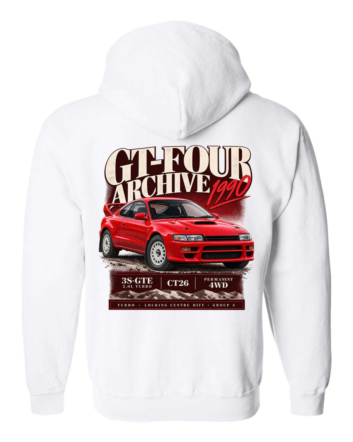 Archive panel print of a Toyota Celica GT-Four ST185 with 3S-GTE, CT26 and Group A text white zip hoodie back view with the design