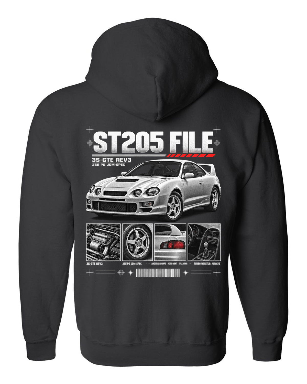 Dossier panel print of a Toyota Celica GT-Four ST205 with 3S-GTE Rev3 and 255 PS text black zip hoodie back view with the design