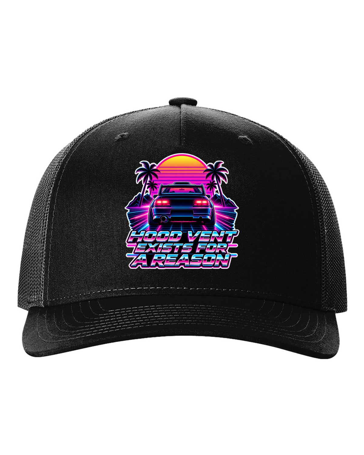Synthwave outrun illustration of a Toyota Celica GT-Four ST205 with hood vent lettering black hat front view with the design