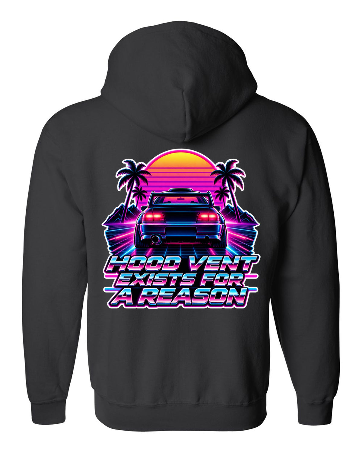 Synthwave outrun illustration of a Toyota Celica GT-Four ST205 with hood vent lettering black zip hoodie back view with the design