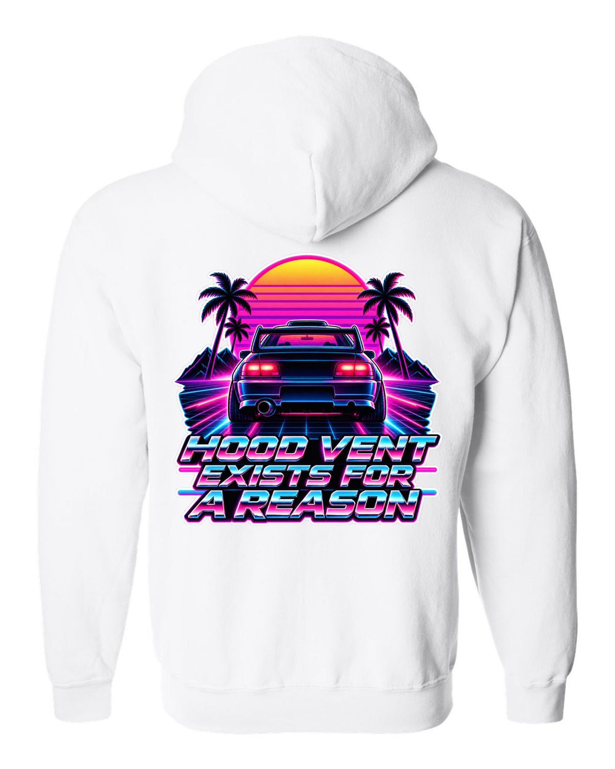 Synthwave outrun illustration of a Toyota Celica GT-Four ST205 with hood vent lettering white zip hoodie back view with the design