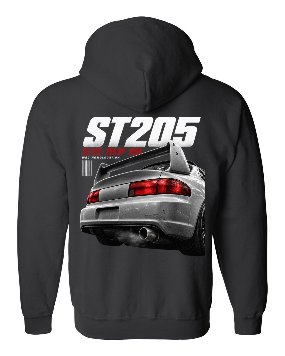 Macro detail of the Toyota Celica GT-Four ST205 rear wing with 3S-GTE text black zip hoodie back view with the design