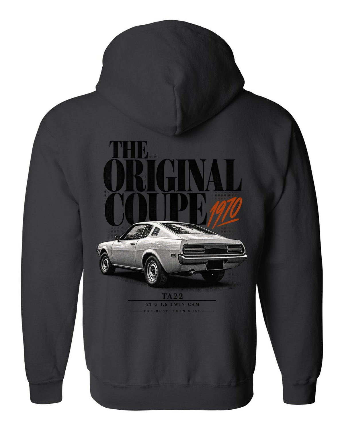 Editorial headline print of a Toyota Celica TA22 coupe with 2T-G 1.6 twin cam text black zip hoodie back view with the design