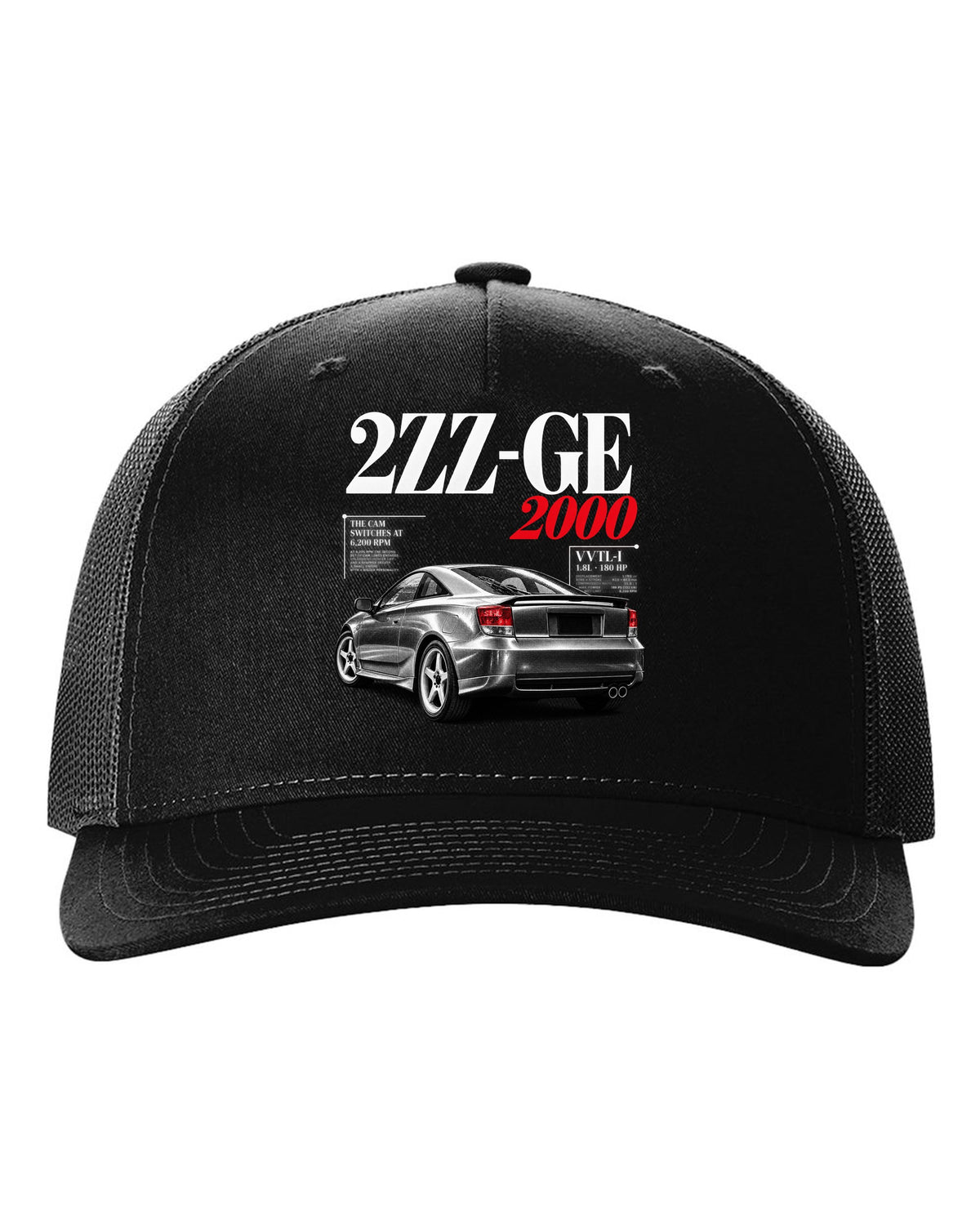Editorial headline print of a Toyota Celica ZZT231 with 2ZZ-GE cam switches at 6,200 rpm black hat front view with the design