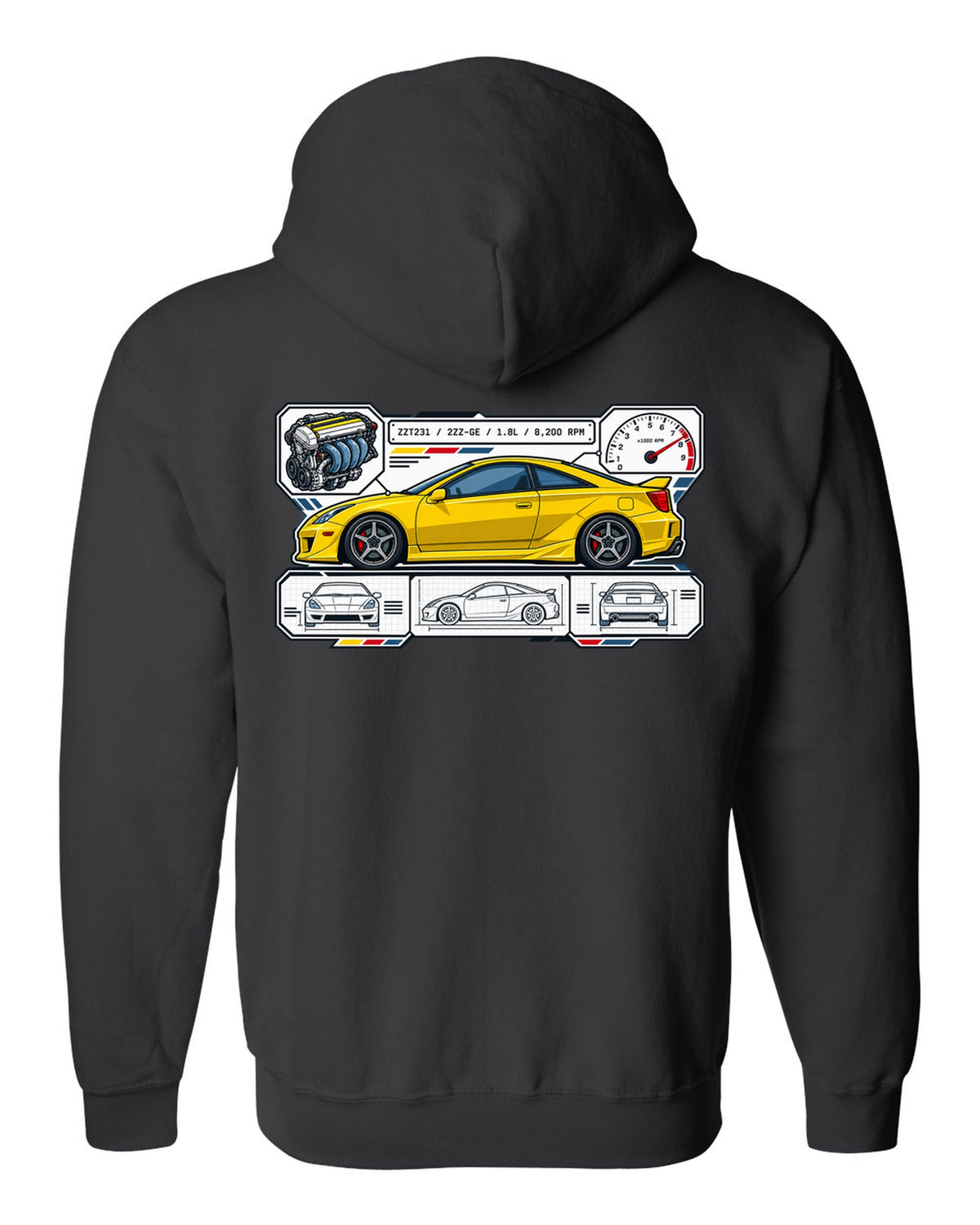 Spec sheet data plate for a Toyota Celica ZZT231 listing 2ZZ-GE, 1.8L and 8,200 RPM black zip hoodie back view with the design