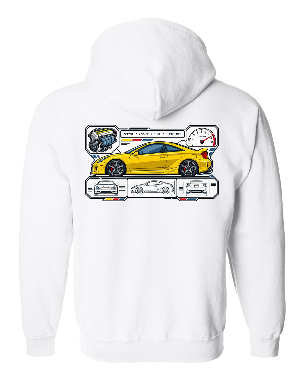 Spec sheet data plate for a Toyota Celica ZZT231 listing 2ZZ-GE, 1.8L and 8,200 RPM white zip hoodie back view with the design