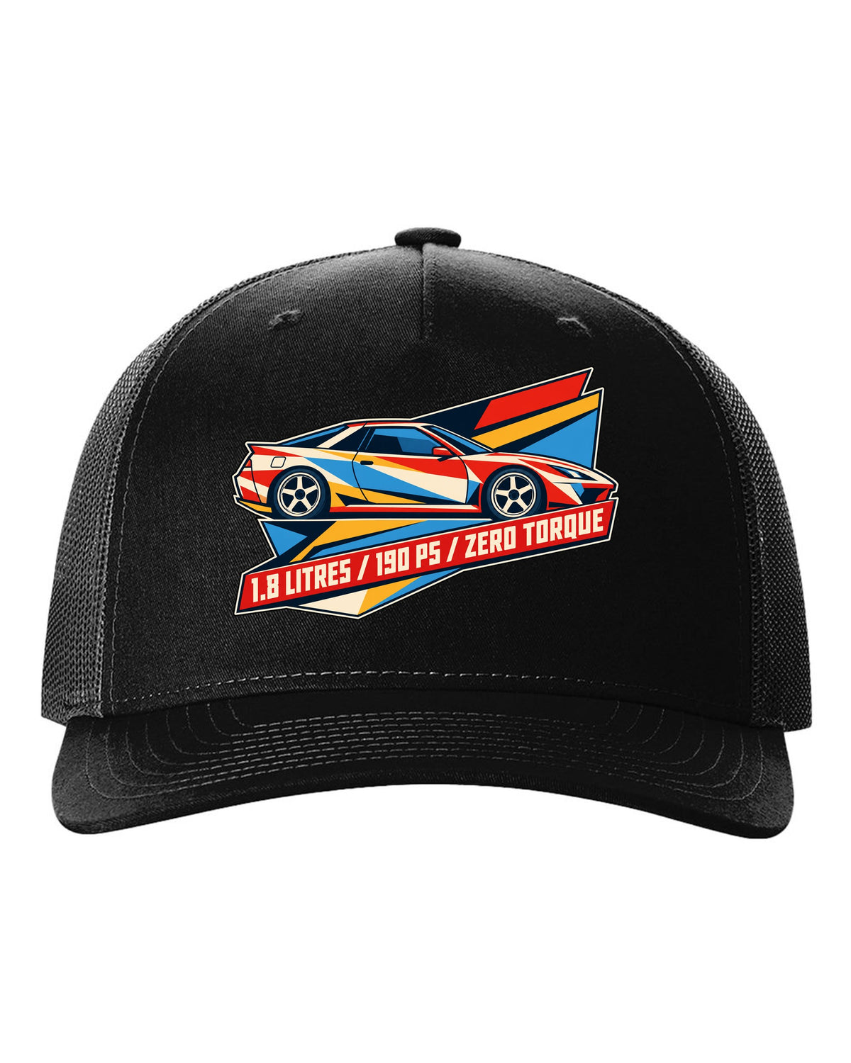 Geometric origami constructivist poster of the Toyota Celica ZZT231 with 190 PS text black hat front view with the design