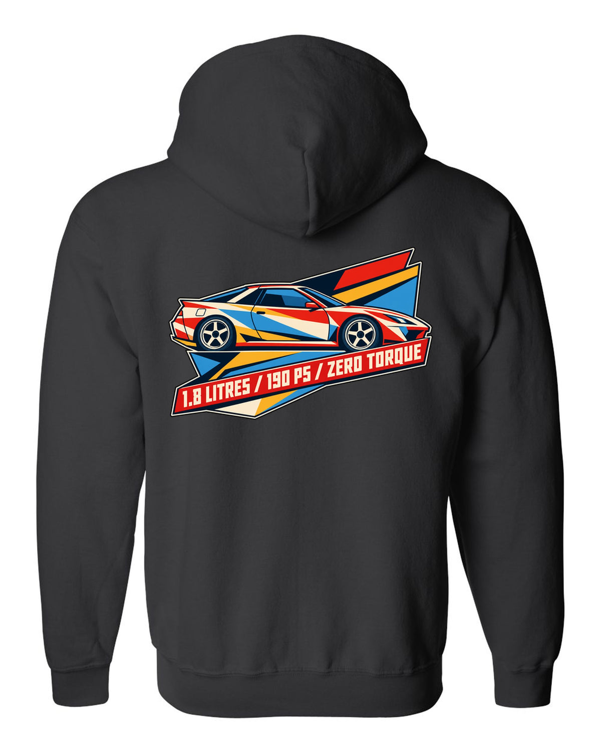 Geometric origami constructivist poster of the Toyota Celica ZZT231 with 190 PS text black zip hoodie back view with the design