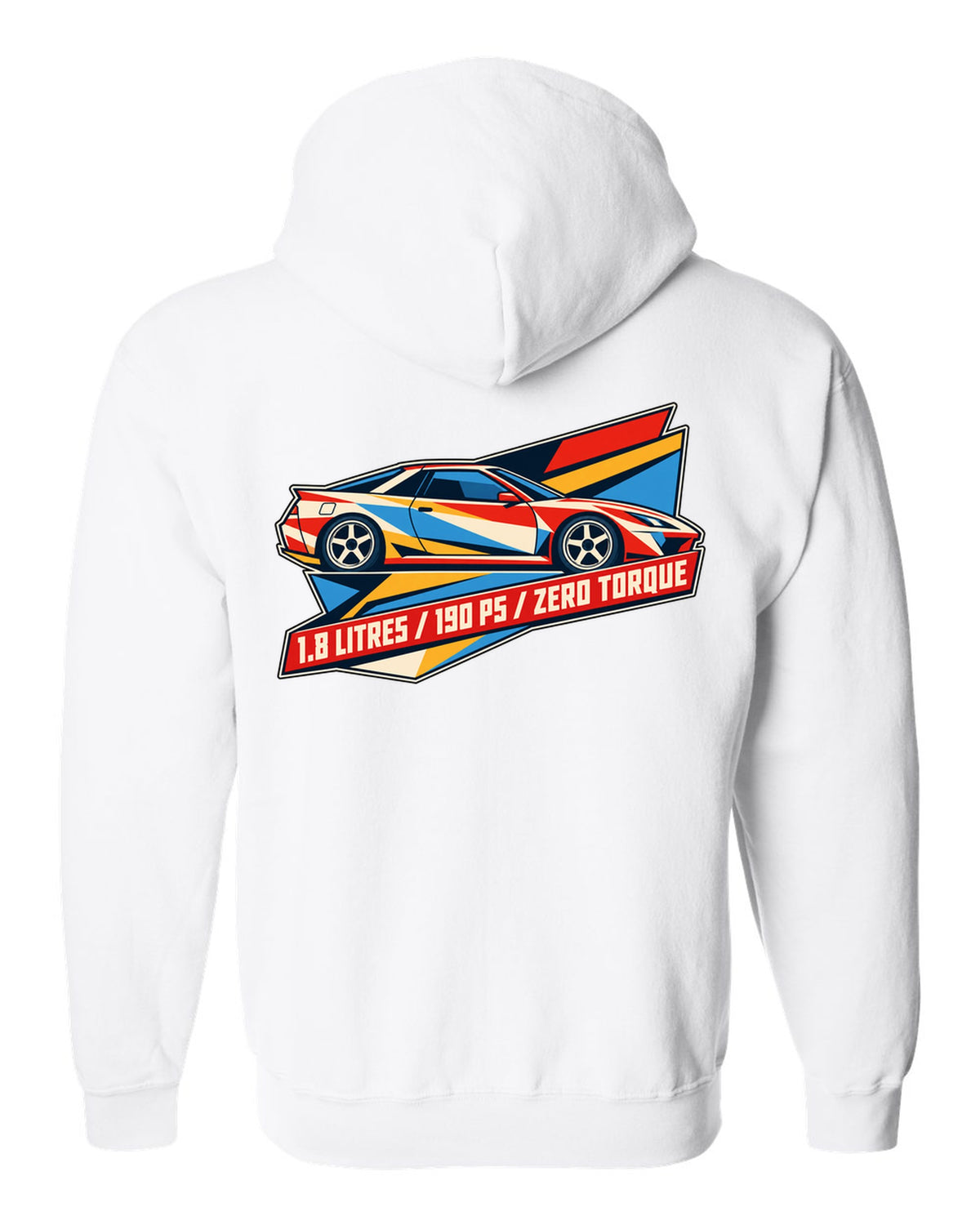 Geometric origami constructivist poster of the Toyota Celica ZZT231 with 190 PS text white zip hoodie back view with the design