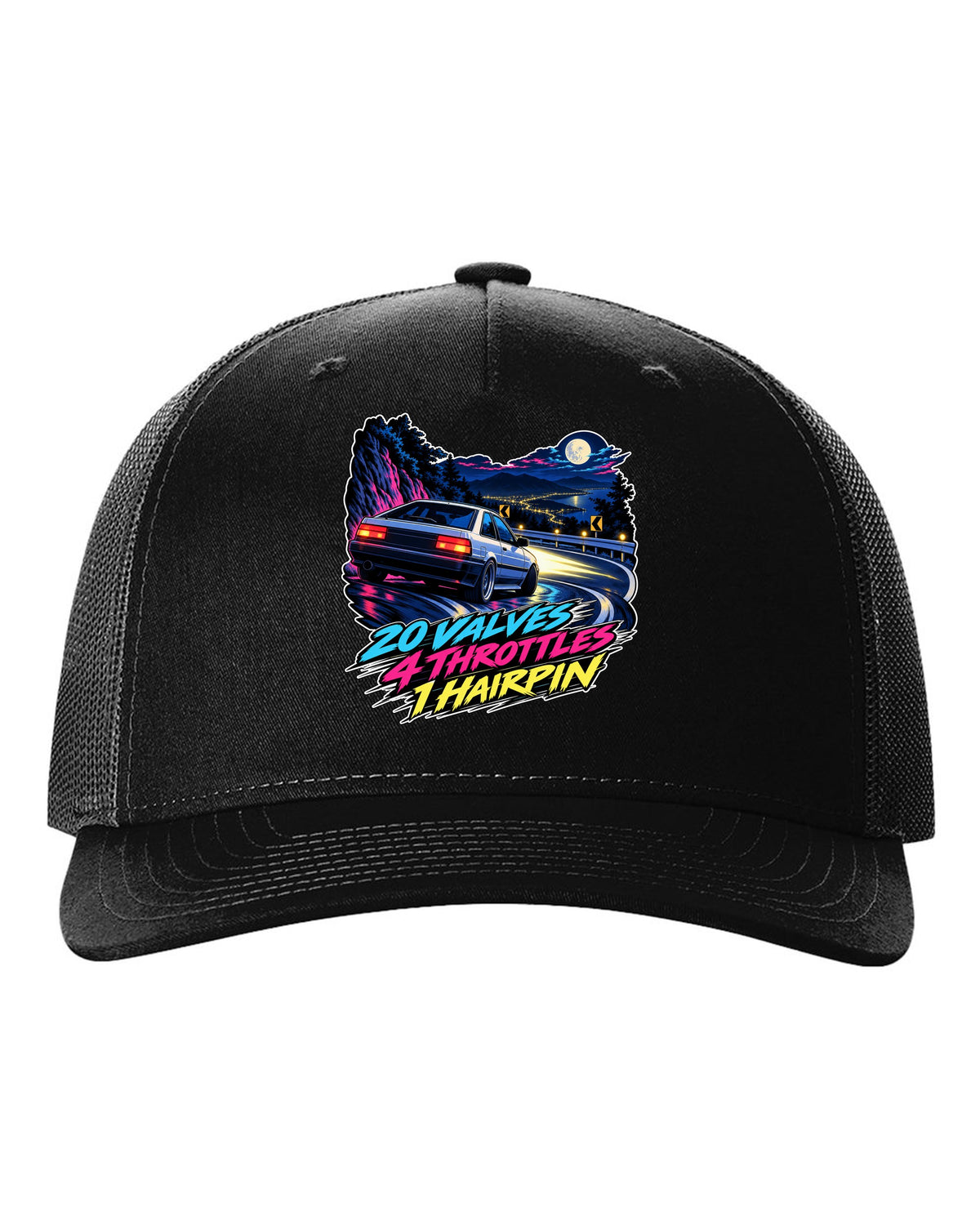 Cel-shaded 90s anime night touge scene of a Toyota Corolla AE101 with valves and throttles lettering black hat front view with the design