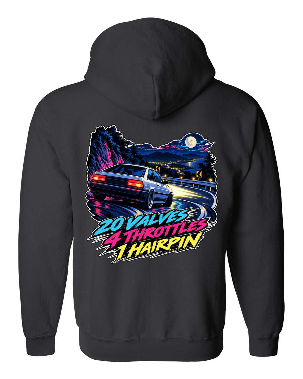 Cel-shaded 90s anime night touge scene of a Toyota Corolla AE101 with valves and throttles lettering black zip hoodie back view with the design