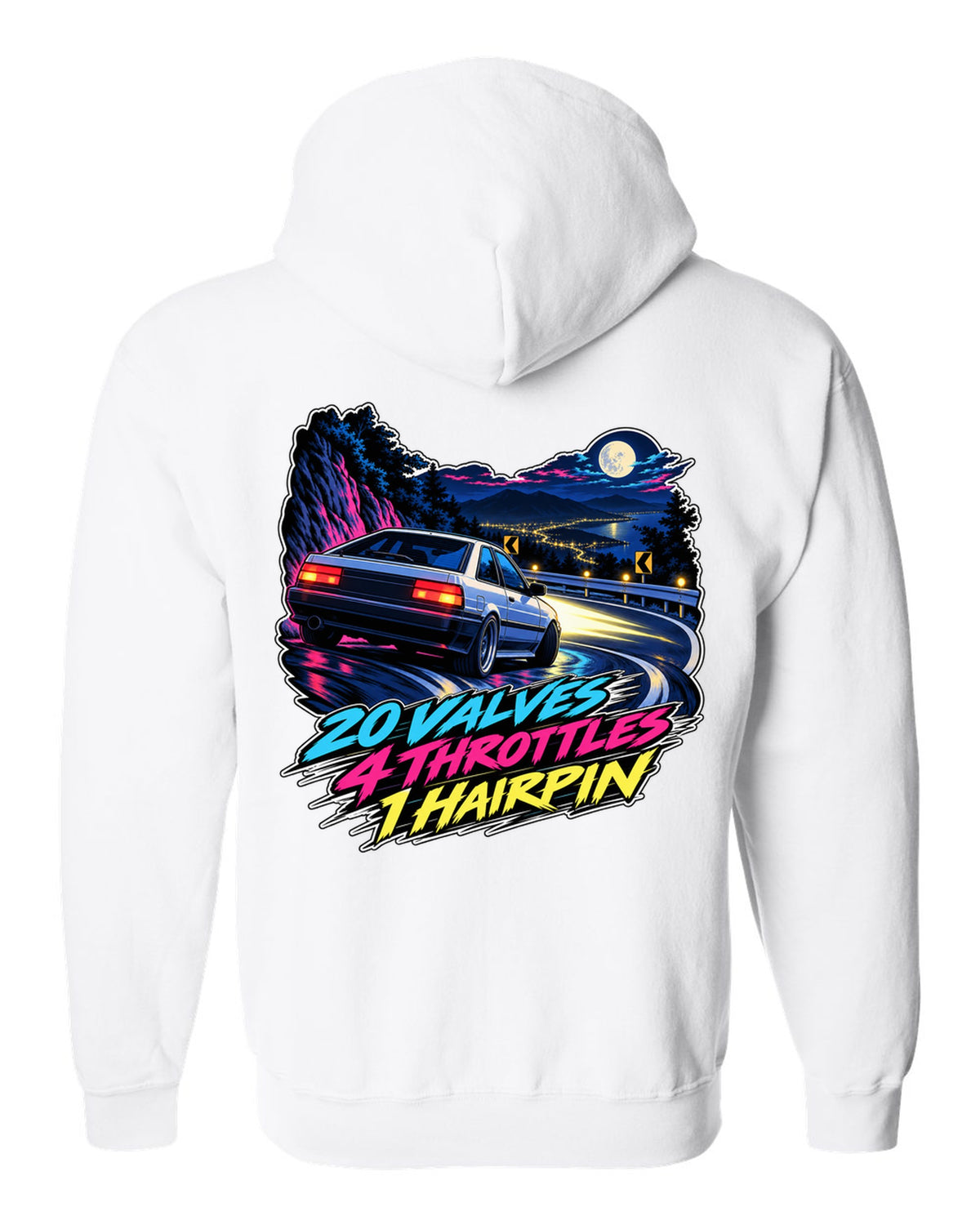 Cel-shaded 90s anime night touge scene of a Toyota Corolla AE101 with valves and throttles lettering white zip hoodie back view with the design