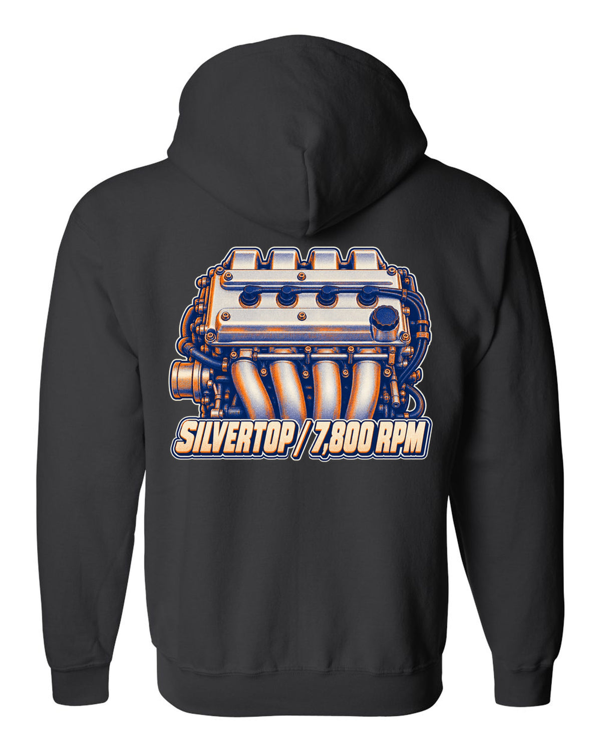 Two-colour risograph macro of the silvertop engine in the Toyota Corolla AE101 black zip hoodie back view with the design