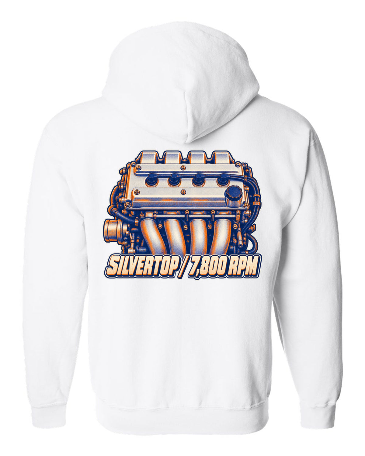 Two-colour risograph macro of the silvertop engine in the Toyota Corolla AE101 white zip hoodie back view with the design
