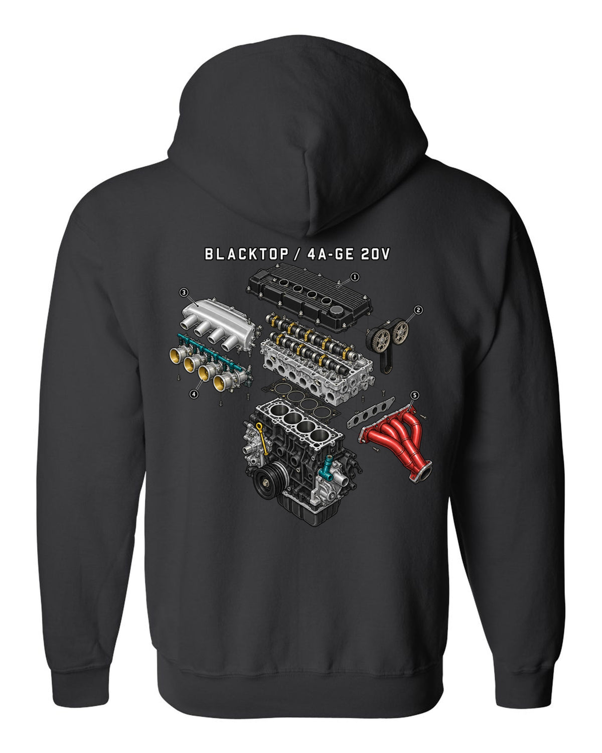 Exploded engine diagram of the blacktop 4A-GE 20V for the Toyota Corolla AE111 black zip hoodie back view with the design